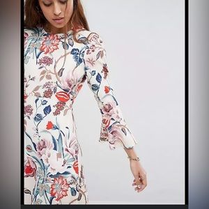 ASOS Printed Midi Column Dress with Fluted Sleeves at